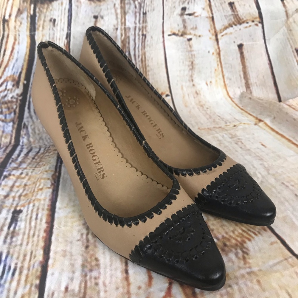 Jack Rogers Whipstitch Slim Heels Tan Black 7